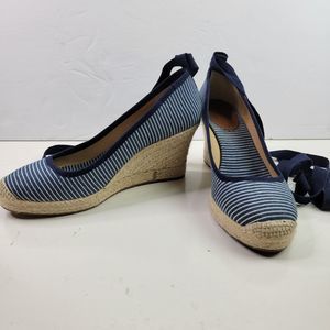 J. Crew Womens Platform Wedge Heels Size 8 Blue/White Stripped 3" Heels tie